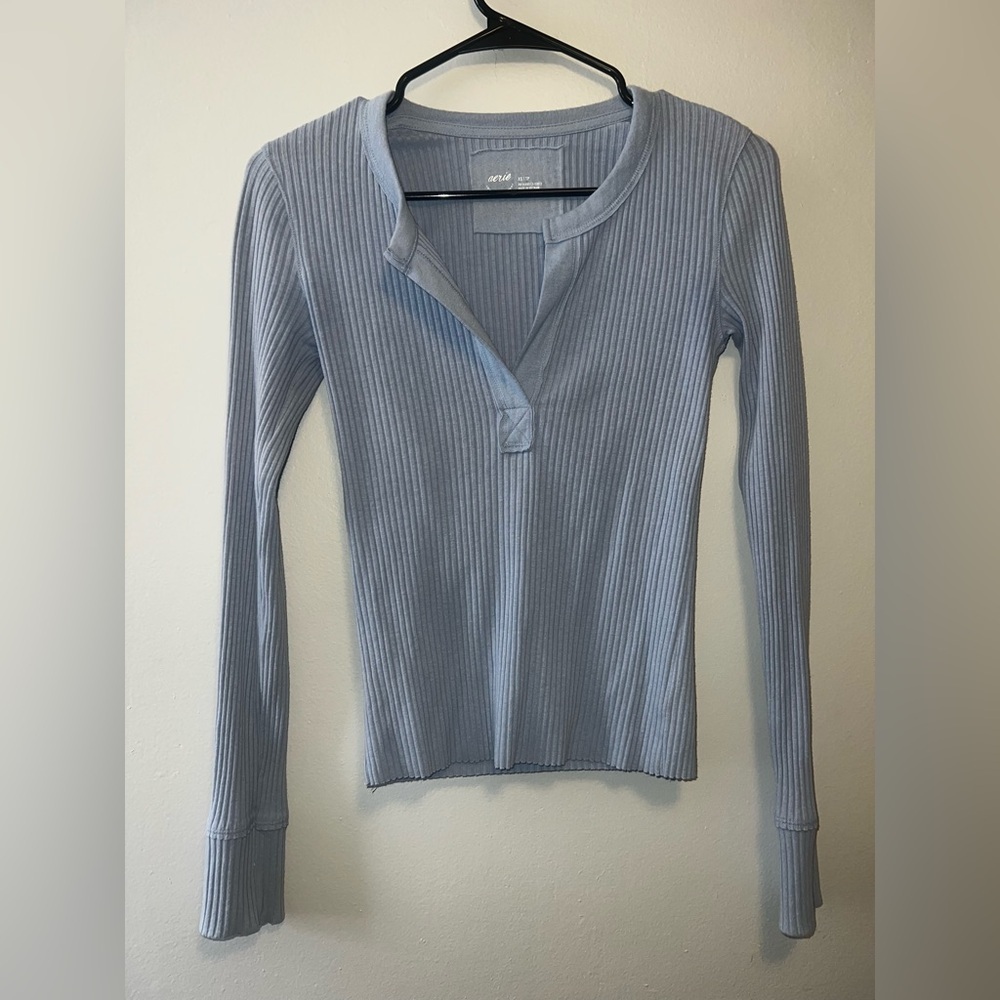 Aerie Light Blue Ribbed Long Sleeve Top